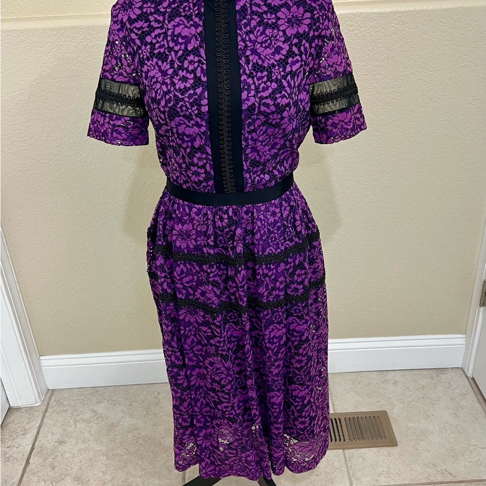 Donna Morgan Purple and Black Lace Midi (tea length) Dress